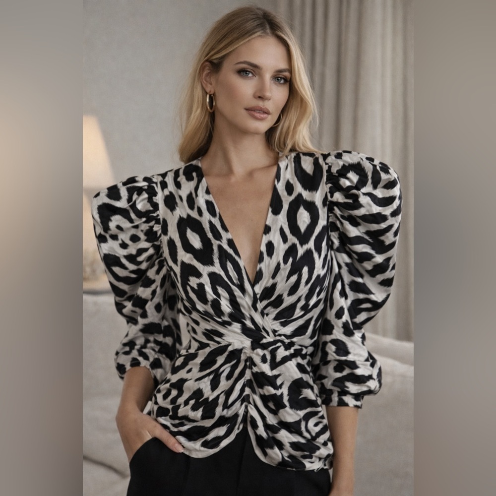 Ronny Kobo Black & White Animal Print Blouse Silk Blend Puff Sleeve Sexy Draped
